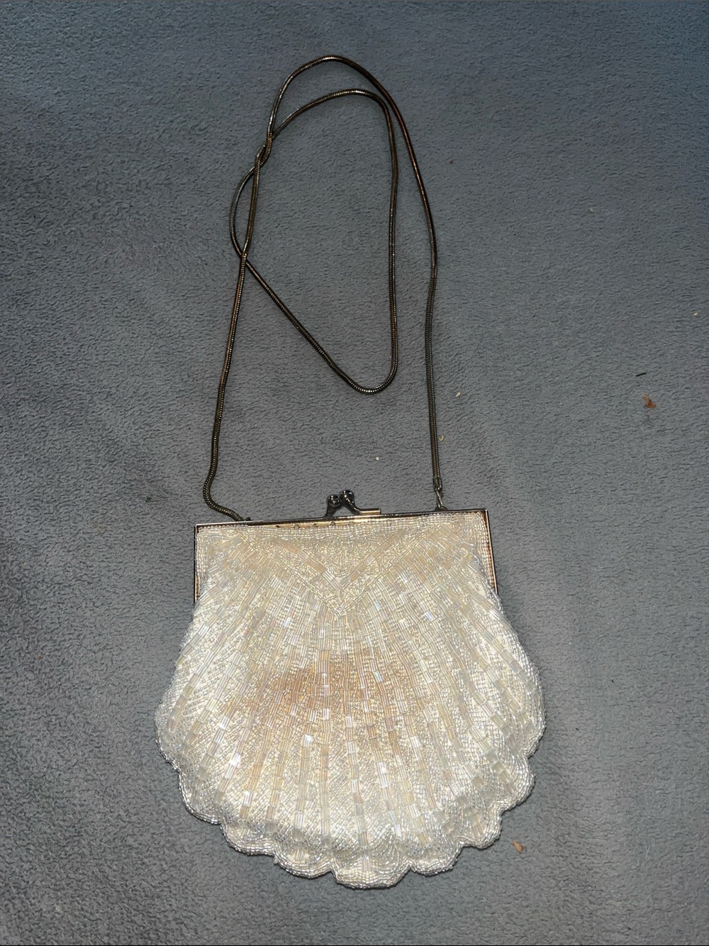 Ivory Beaded Shell Wristlet Clutch with Chain Strap
